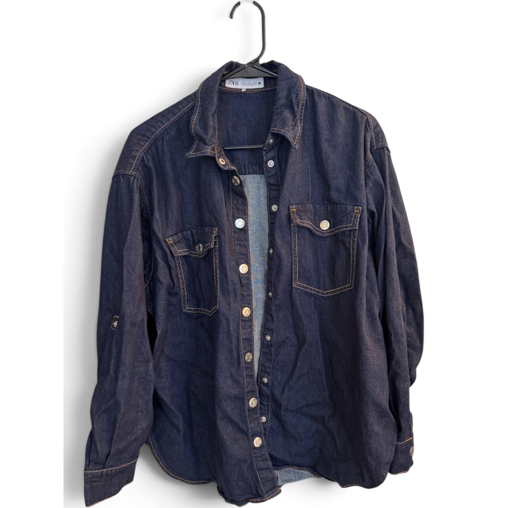 Zara Denim Shirt Womens L Dark Wash Oversized Button Down Roll Tab Shacket